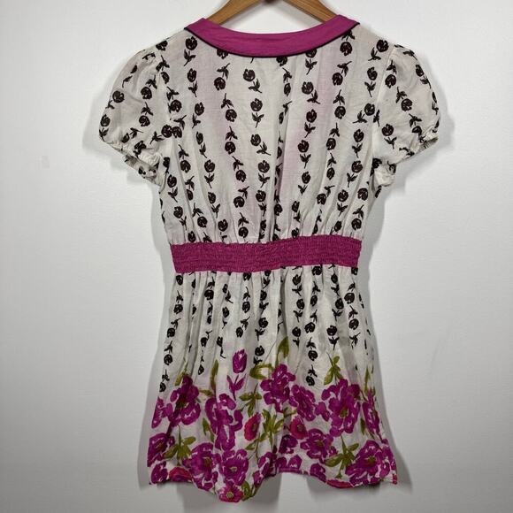 Women Top M Pink Brown Floral Babydoll 100% Cotton Y2K Smocked Waist Spring - Picture 3 of 7